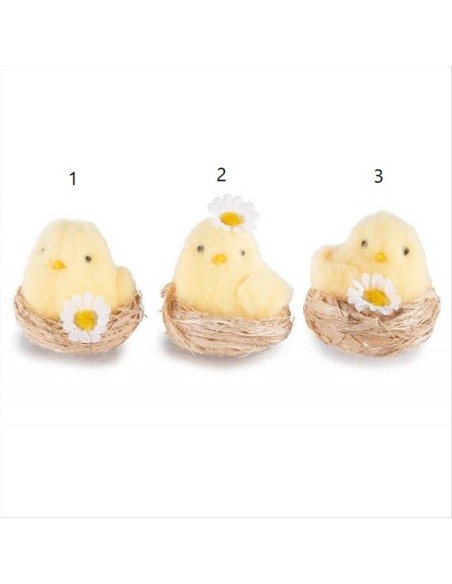 Pulcino con Margherita in Cestino di Fibra Naturale - 3 Varianti Pasqu