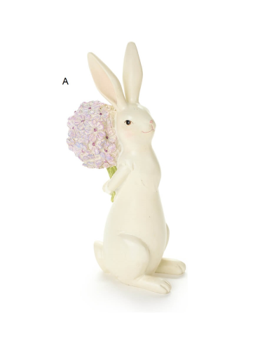 Coniglio in resina h27cm con bouquet di fiori 2 varianti per la Tua Ca