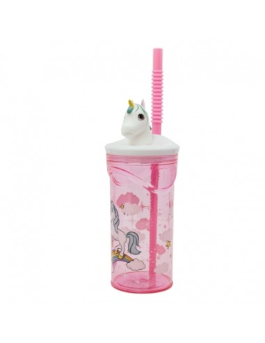 Bicchiere con cannuccia 360ml Unicorno 3D | Diamante Rosa