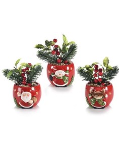 Vasetto rosso in ceramica con personaggio natalizio con pino artificia