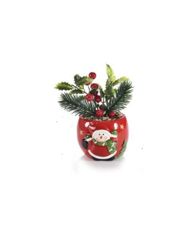 Vasetto rosso in ceramica con personaggio natalizio con pino artificia