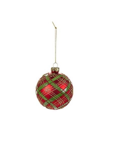 Pallina di Vetro d.8cm Tartan Verde, Rosso e Oro - Tradizione natalizi