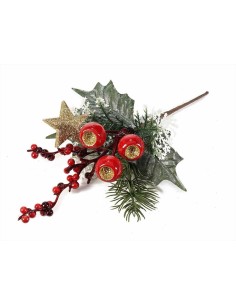 Rametto Aghifoglio con Bacche Rosse e Stella Glitter Oro - Decorazioni