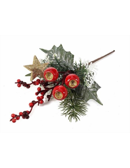 Rametto Aghifoglio con Bacche Rosse e Stella Glitter Oro - Decorazioni