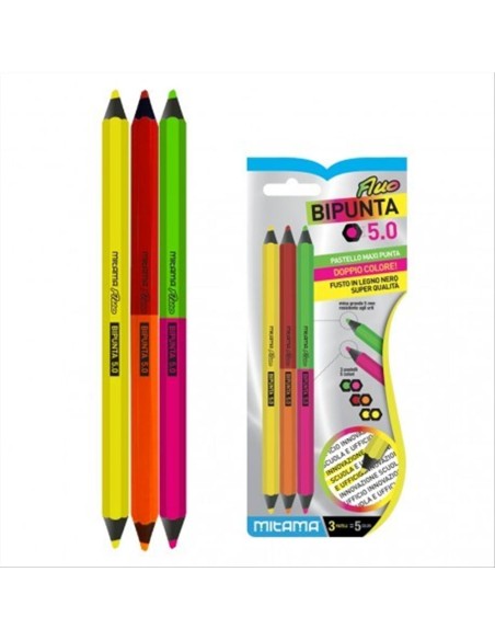 Pastelli Fluo Bipunta Mitama – Blister 3pz con 5 Colori Vivaci Maxi Pu