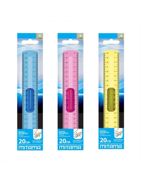 Righello Mitama 20cm con Impugnatura Centrale – 3 Colori Assortiti