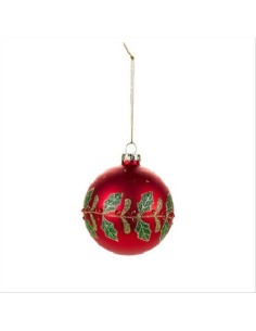 Pallina di Vetro d.8cm con Foglie di Agrifoglio Verde, Rosso e Oro - F