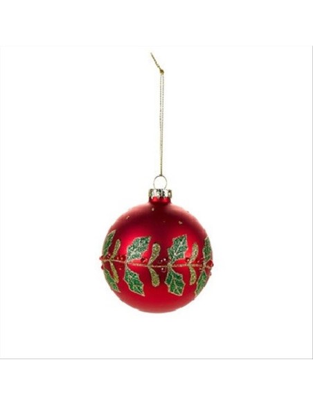 Pallina di Vetro d.8cm con Foglie di Agrifoglio Verde, Rosso e Oro - F