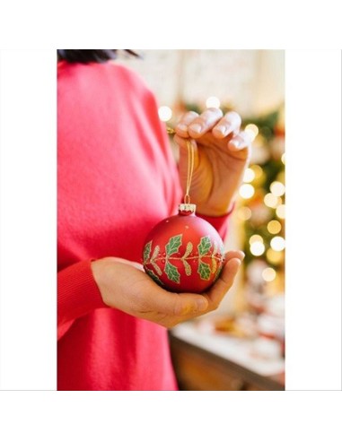 Pallina di Vetro d.8cm con Foglie di Agrifoglio Verde, Rosso e Oro - F