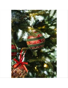 Pallina di Vetro Rossa Glitter Verdi con Ghirigori Oro - Magia nataliz 2