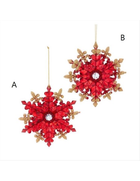 Decorazione 3D Fiocco di Neve Glitter Oro Rosso H12cm 2 Varianti