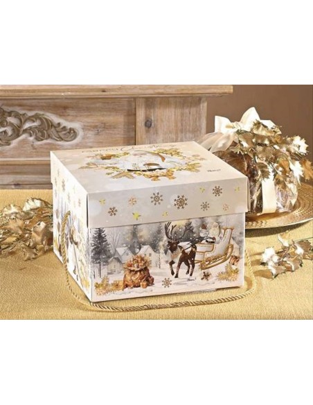 Scatola natalizia in carta con manico e coperchio oro - Per panettone 