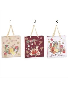 Busta regalo natalizia media con glitter - 3 modelli - Manici in raso