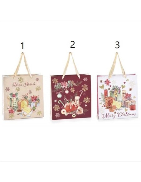 Busta regalo natalizia media con glitter - 3 modelli - Manici in raso