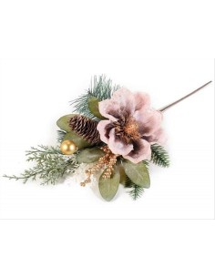 Fiore anemone rosa con pigna e bacche dorate - H44,5 cm - Petali model