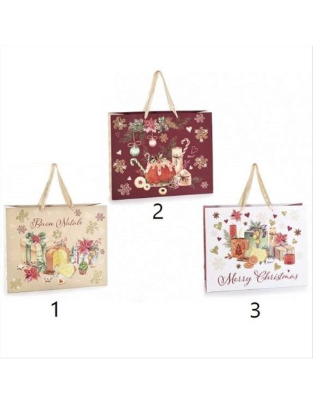 Busta regalo natalizia grande con glitter - 3 modelli - Manici in raso
