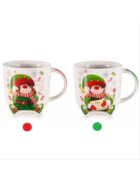 Tazza in porcellana Elfo natalizio 350ml - 2 varianti - Manico rosso o
