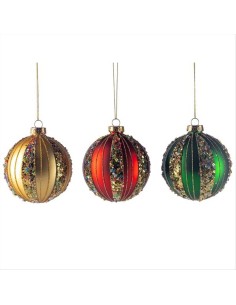 Palla di Vetro 8cm Righe Pajette Oro Rosso Verde – 3 Varianti Natalizi