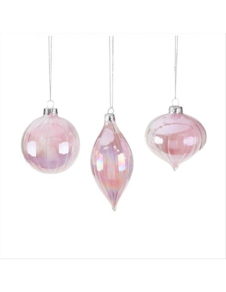 Palla di Vetro 8cm Iridescente Rosa con Piume – 3 Forme Natalizie 🎄✨