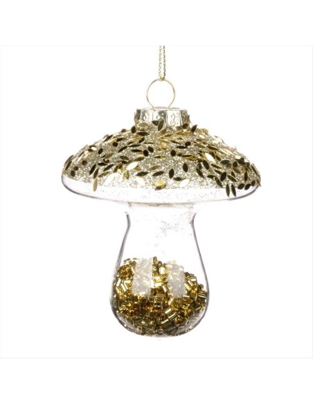 Pallina di Vetro Fungo h8cm con Perline Pajette Oro – Decorazione Nata