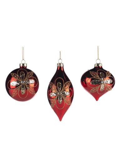 Pallina di Vetro 8cm Fiore Oro Rosso – 3 Varianti Natalizie 🎄🌺