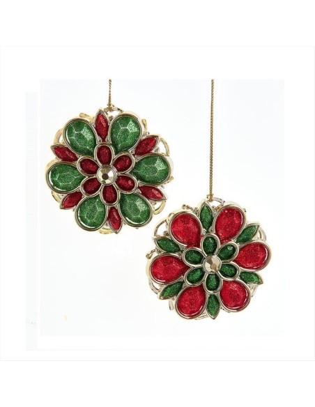 Decorazione 3D Fiore Gioiello Verde Rosso Oro H7,5cm 2 Varianti