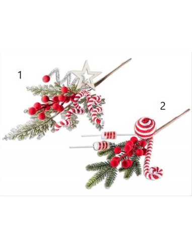 Rametto di Pino Natalizio con Bastoncini di Zucchero e Decori - 2 Vari