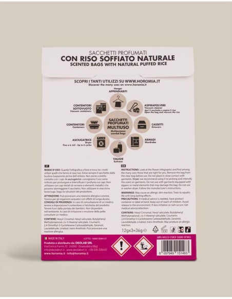 PETALI DI PEONIA Sacchetti profumati 3pz multiuso Horomia