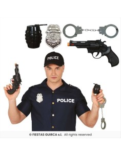 Set Polizia 4 Accessori - Manette, Pistola, Distintivo e Bomba a Mano 