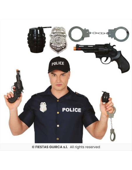Set Polizia 4 Accessori - Manette, Pistola, Distintivo e Bomba a Mano 