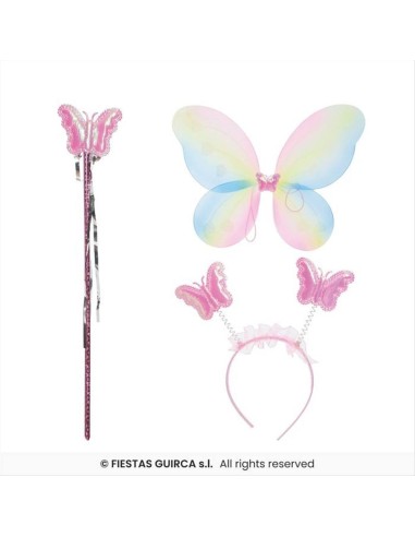 Costume Farfalla Multicolore Bambina 3 Pezzi - Ali, Cerchietto e Bacch