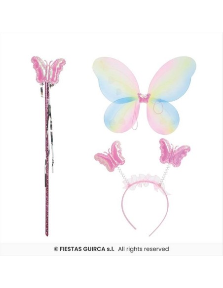 Costume Farfalla Multicolore Bambina 3 Pezzi - Ali, Cerchietto e Bacch