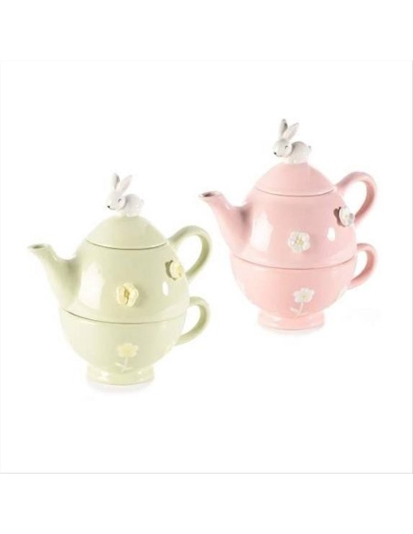 Tea for One con Coniglietto e Fiori 3D – Tazza e Teiera in Ceramica