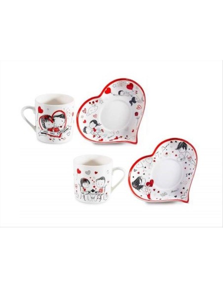 Set 2 Tazzine Coppia Innamorati con Piattino Cuore