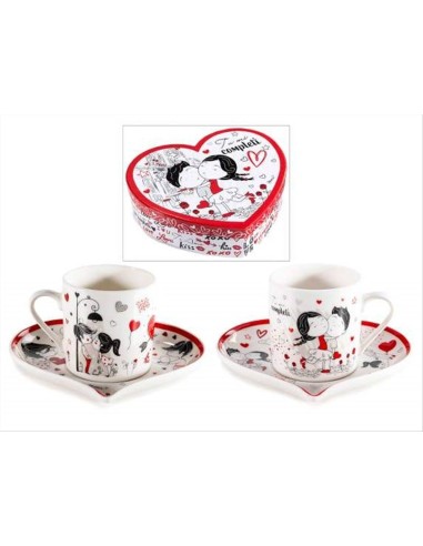 Set 2 Tazzine Coppia Innamorati con Piattino Cuore