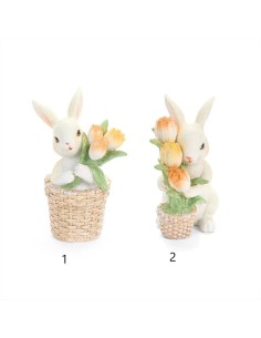 Coniglietto con tulipani in resina H11cm - 2 varianti (1pz)