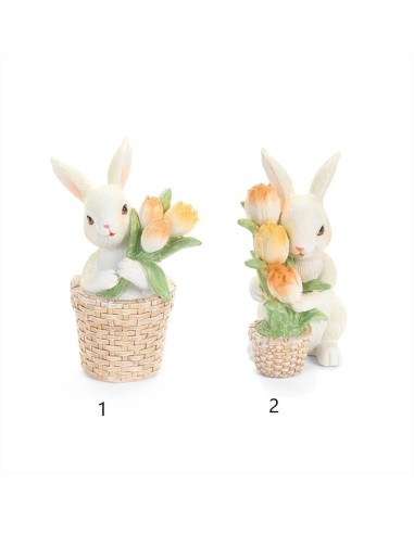 Coniglietto con tulipani in resina H11cm - 2 varianti (1pz)