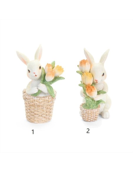 Coniglietto con tulipani in resina H11cm - 2 varianti (1pz)