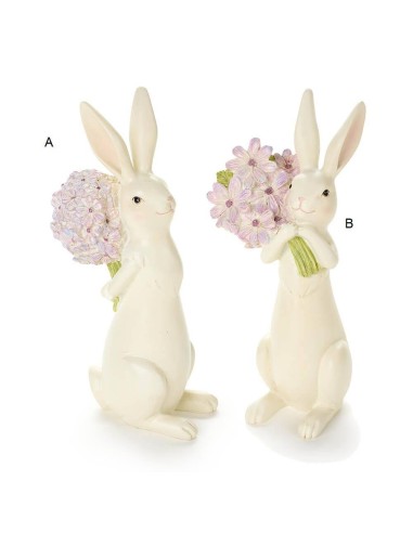Coniglio in resina h27cm con bouquet di fiori 2 varianti per la Tua Ca