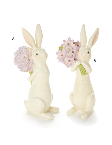 Coniglio in resina h27cm con bouquet di fiori 2 varianti per la Tua Ca