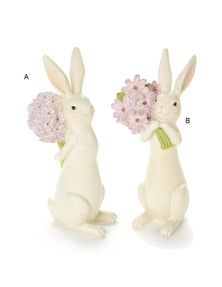 Coniglio in resina h27cm con bouquet di fiori 2 varianti per la Tua Ca