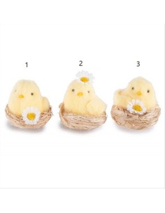 Pulcino con Margherita in Cestino di Fibra Naturale - 3 Varianti Pasqu