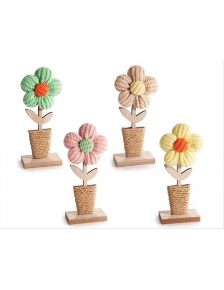Fiore all'Uncinetto con Vasetto in Legno 18 cm - 4 Colori