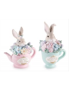 Coniglietto in Tazza o Teiera con Fiori Decorazione Pasquale