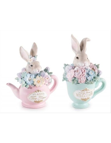 Coniglietto in Tazza o Teiera con Fiori Decorazione Pasquale