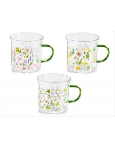 Tazza in Vetro Floreale 350ml con Manico Verde 3 Fantasie
