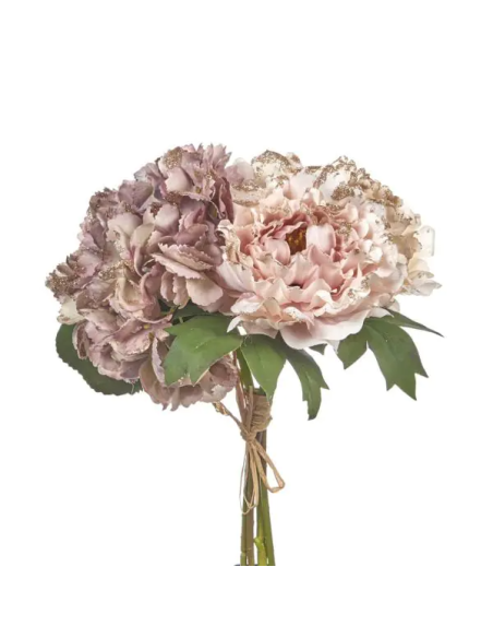 Mazzo di peonie artificiali cipria antico con glitter 