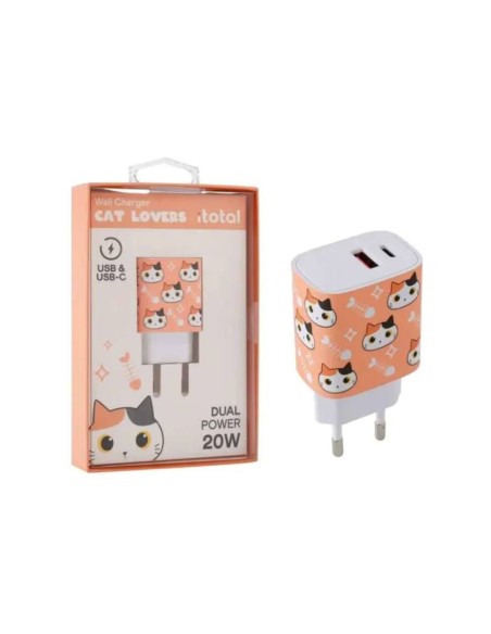 iTOTAL Caricatore 2 porte USB C + porta USB GATTO ARANCIONE