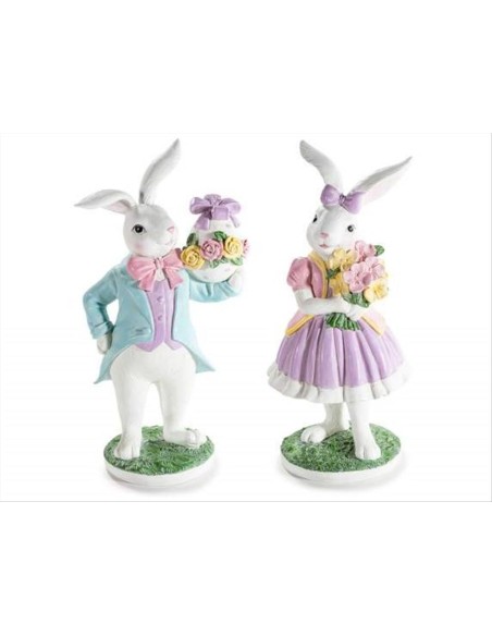 Coniglietto Elegante con Fiori in Resina 22,5 cm Lui o Lei