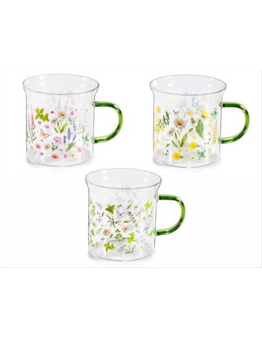Tazza in Vetro Floreale 350ml con Manico Verde 3 Fantasie